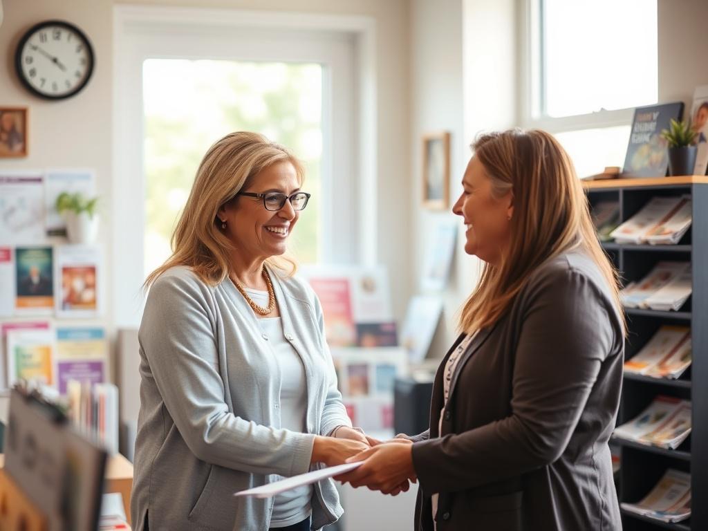 A friendly resource connection specialist assisting a client in an office filled with information pamphlets and community resource materials. The image portrays an open and welcoming environment, with natural light filtering in through a window. The focus is on the engaged interaction between the specialist and the client, showcasing the supportive nature of the service. The background is filled with soft colors and inviting decor, enhancing the feeling of assistance and hope.