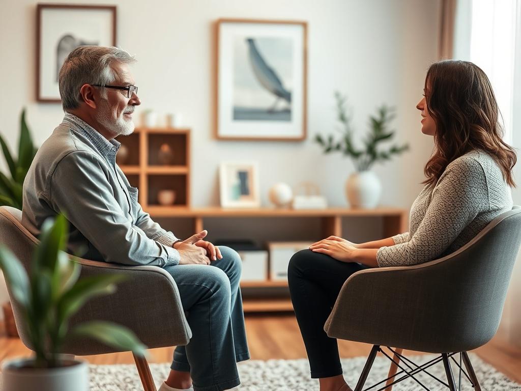 A serene counseling session in a comfortable office space, featuring a compassionate counselor sitting across from a client. The setting is cozy, with soft lighting and calming decor. Focus on the attentive expressions of both individuals as they engage in meaningful conversation. The background includes elements that promote tranquility, such as soft colors and gentle artwork, creating an atmosphere of safety and trust.
