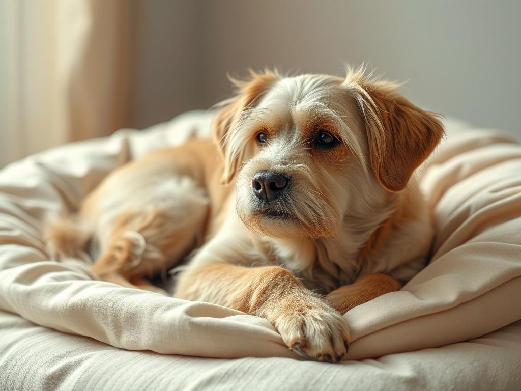 An elderly dog resting comfortably on a soft bed, surrounded