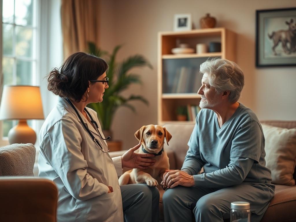 A veterinarian nurse consulting with a pet owner in a