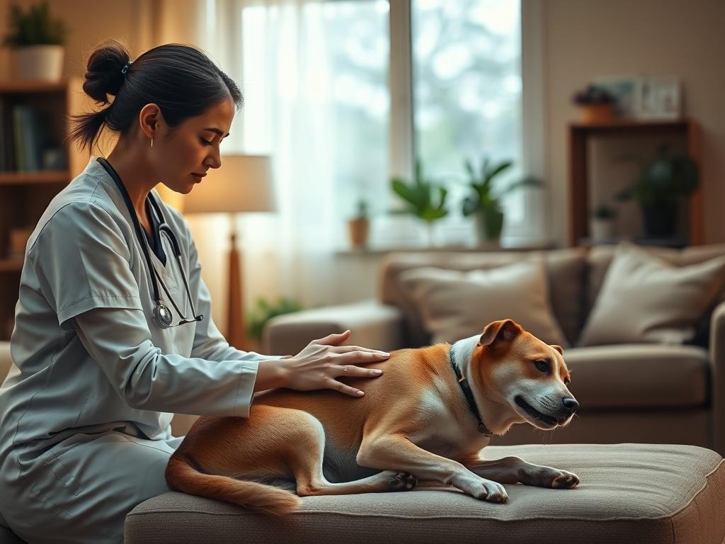 A veterinarian nurse gently checking on a recovering dog in