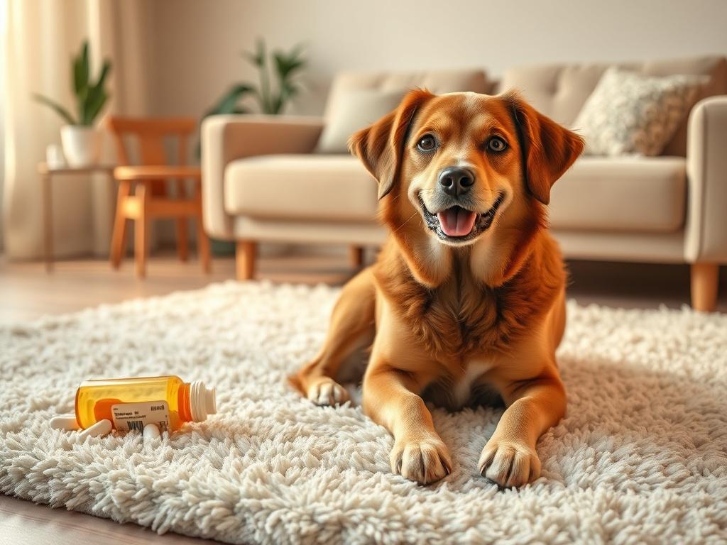 Create a realistic high-resolution image that embodies the theme of "Pet Medication Tips." The composition should feature a single domestic dog sitting calmly on a soft, plush rug in a warmly lit living room setting. The dog should have a friendly and attentive expression, showcasing its comfort and trust. Nearby, a gently opened pill bottle and a small spoon or medication syringe should rest on the rug beside the dog, emphasizing the context of administering medication. 

The background should include soft