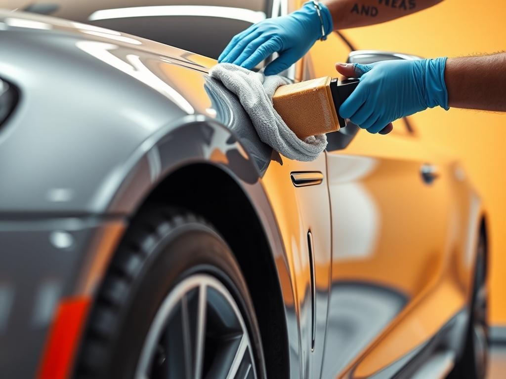 An exquisite car being pampered with a clay bar treatment and waxing process, showcasing the detailed attention to the paintwork. The background should be bright and cheerful, emphasizing the shine and beauty of the car. Focus solely on the detailing process, ensuring no distractions in the scene.