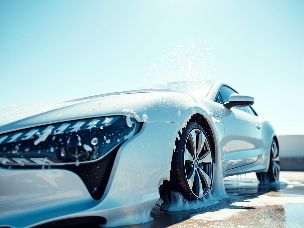 A clean car being washed with soap and water in a bright sunlight setting, showcasing the sparkling exterior and water droplets glistening on the surface. The background should feature a clear blue sky and minimalistic surroundings to emphasize the car. The composition should focus solely on the car being washed, with no distractions.
