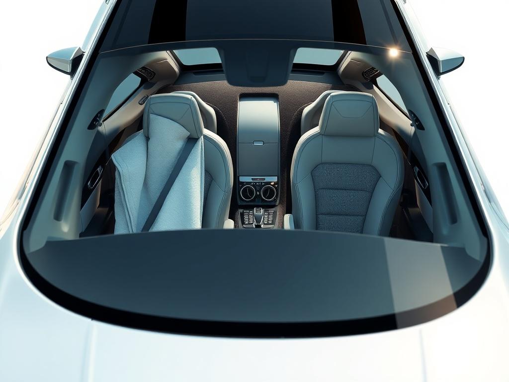 A luxurious car being detailed inside and out, highlighting the cleanliness of the interior with shiny surfaces and vacuumed carpets. The exterior gleams under the sunlight, and there are visible reflections in the paint. Minimalistic background to keep the focus on the car and the detailing process.