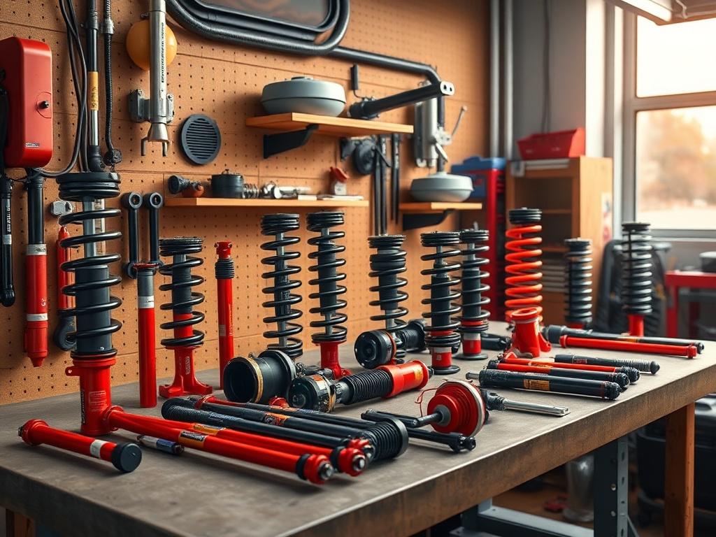 A well-organized workshop showcasing a variety of suspension parts neatly arranged on a workbench. The background features clean lines and a minimalistic design that highlights the quality of the parts. The lighting is bright and inviting, emphasizing the details of the suspension components. The focus should be on the parts themselves, with vibrant colors that draw the eye and create an engaging atmosphere for car enthusiasts.