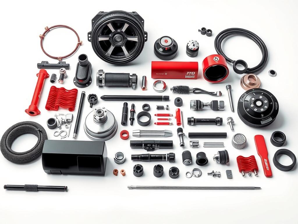 A stunning display of various car parts arranged in an eye-catching layout, set against a clean, white background. The focus is on the high-quality materials and finishes of each part, showing off their details in vibrant colors. The composition should highlight the diversity of parts available for upgrades, appealing to car enthusiasts looking to enhance their vehicles. Lighting should accentuate the textures and create a polished, professional appearance.