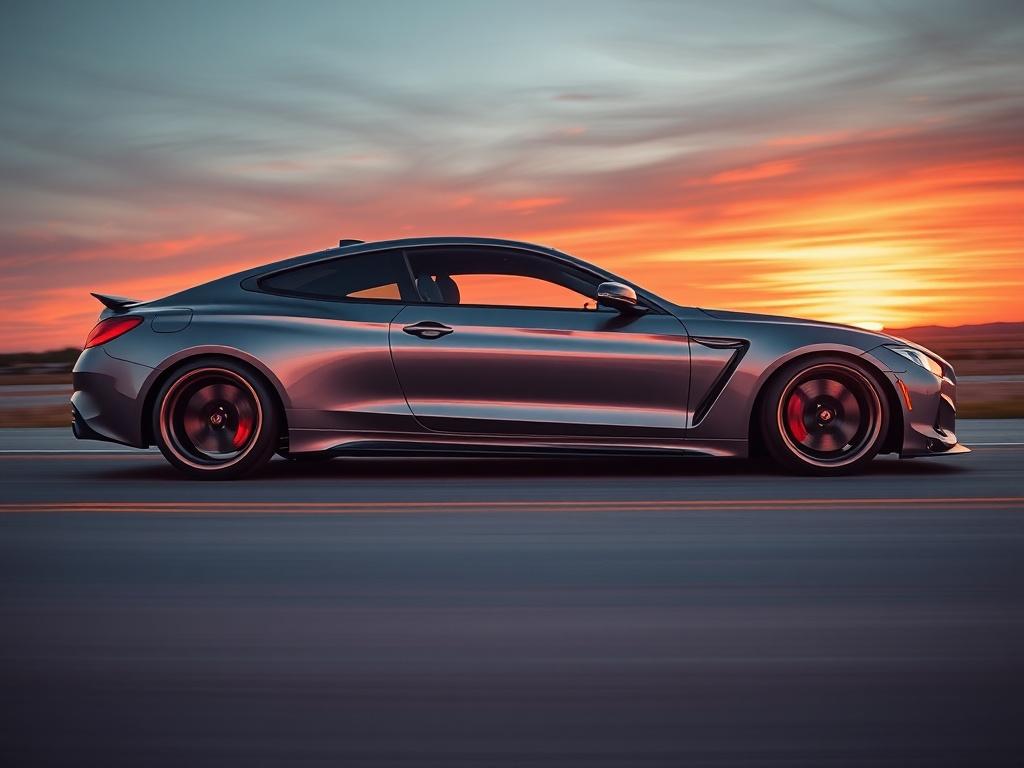 An action shot of a sleek car in a dynamic pose, showcasing its enhanced stance due to adjustable coilovers. The car is positioned on a smooth road, with a beautiful sunset in the background. The focus is on the car's lowered profile and stylish wheels, with the colors of the sunset creating a warm, vibrant contrast. The image should convey a sense of speed and performance, appealing to car enthusiasts looking to elevate their vehicle's stance.