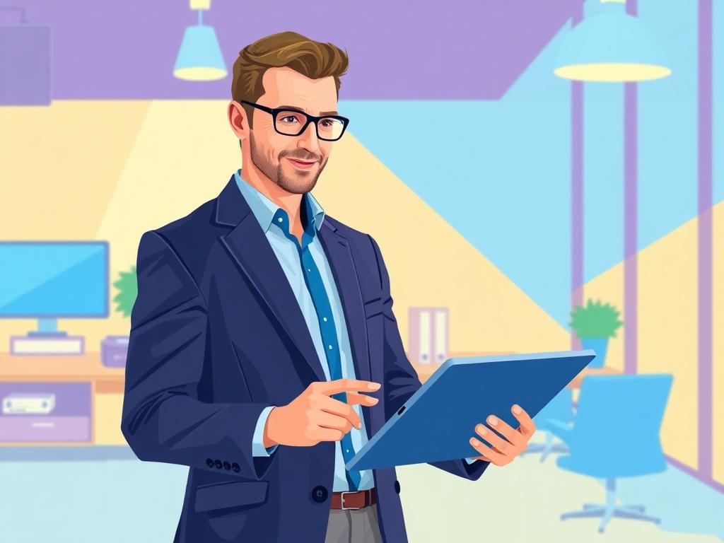 Create a high-quality illustration of a confident professional consultant working on a digital tablet. The consultant should be portrayed in a modern, vibrant office space that reflects a tech-savvy environment. Use clean geometric shapes and a bright color palette that includes shades of blue to complement the rgb(2, 86, 197) primary color. The background should be minimalistic, focusing on the consultant and their device, highlighting a sense of collaboration and innovation.