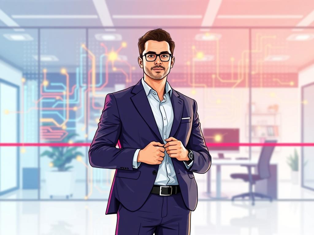 A high-quality illustration showcasing a professional networking and cybersecurity expert in action. The subject is a confident person in business attire, standing in front of a digital network interface filled with vibrant geometric shapes and data streams. The background is a clean, modern office setting with a hint of technology, emphasizing the fusion of networking and cybersecurity. The overall color scheme includes the primary color rgb(2, 86, 197), creating a striking visual that represents innovatio