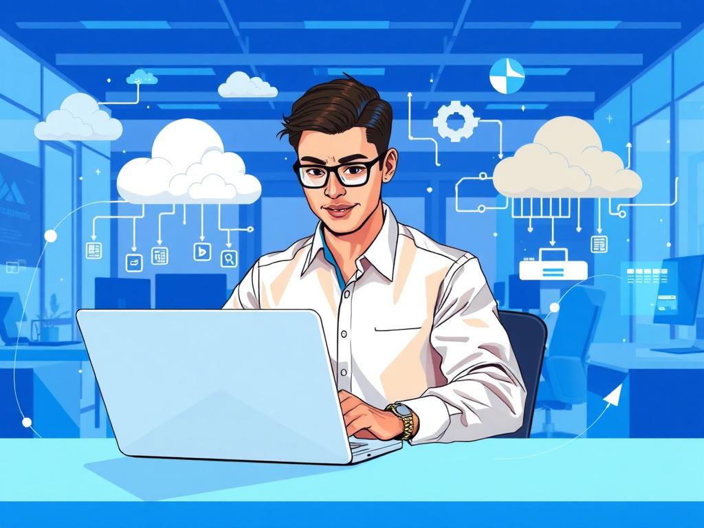 A skilled cloud engineer working on a laptop in a modern office setting. The engineer, a young professional with a confident expression, is surrounded by vibrant geometric illustrations of cloud infrastructure and data flow. The background features a sleek workspace with abstract elements reflecting technology and innovation. The color palette includes shades of blue, particularly rgb(2, 86, 197), to create a dynamic and engaging atmosphere.