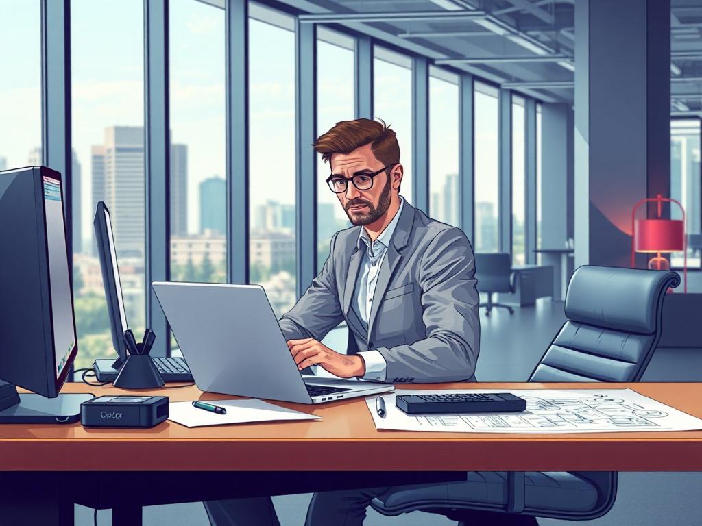 A highly detailed image of a modern office workspace featuring a single professional working on a laptop. The subject is a confident individual, focused on their work, surrounded by tech gadgets and engineering blueprints. The background is a sleek, contemporary office environment with large windows allowing natural light, and a hint of urban landscape visible outside. The color scheme incorporates the primary color rgb(2, 86, 197) in accents around the workspace, such as a stylish chair or decorative eleme