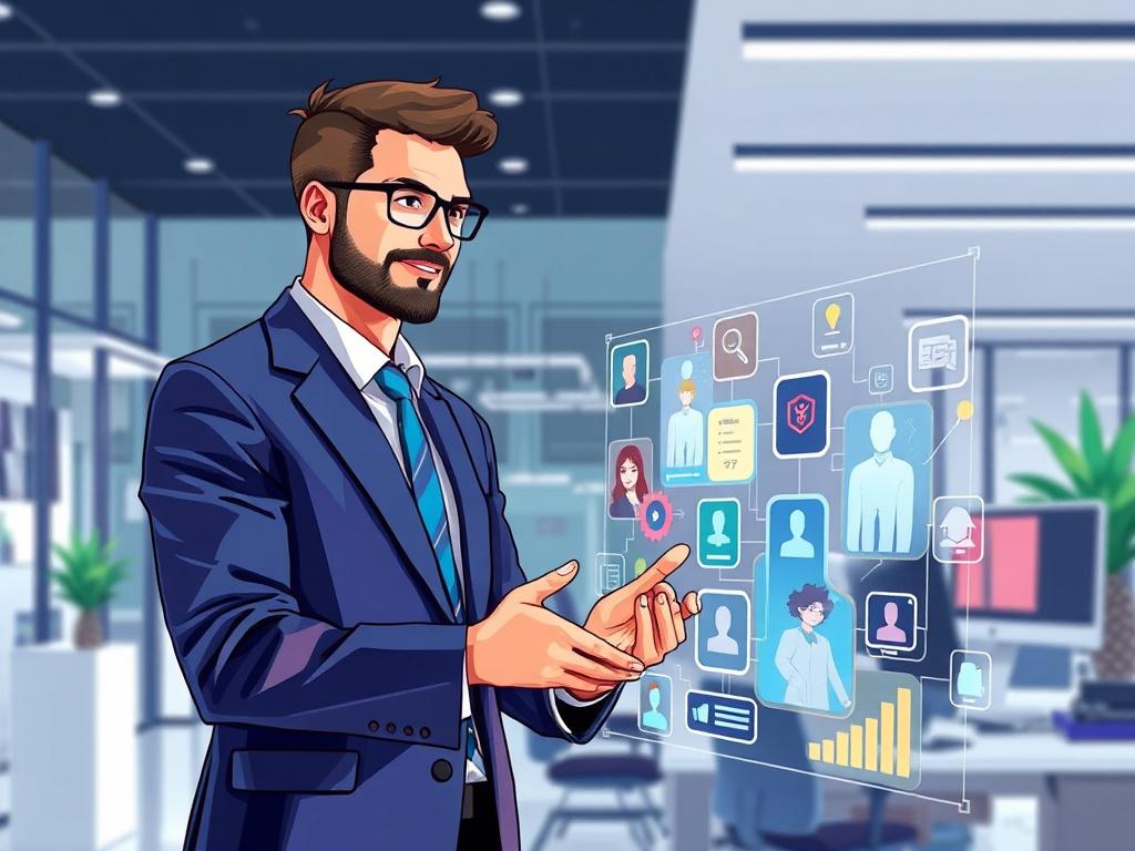 Create a high-quality illustration that features a confident business professional engaging with a digital interface displaying diverse tech and engineering talents. The background should be a sleek, modern office environment, emphasizing collaboration and innovation. Use vibrant geometric shapes to enhance the visual appeal, while ensuring the overall composition is clean, precise, and aligned with the primary color rgb(2, 86, 197).