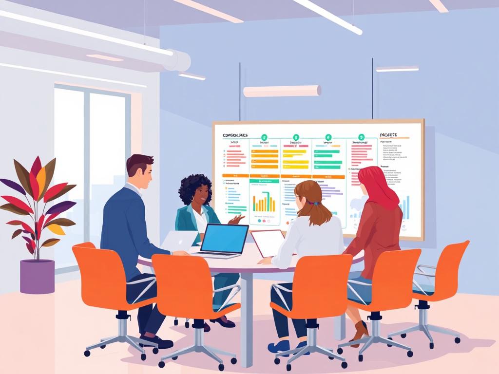 An agile project team collaborating in a bright, open office space. The focus is on a diverse group of professionals gathered around a table with laptops and charts, discussing project strategies. A large whiteboard in the background displays colorful project timelines and goals, emphasizing teamwork and collaboration.