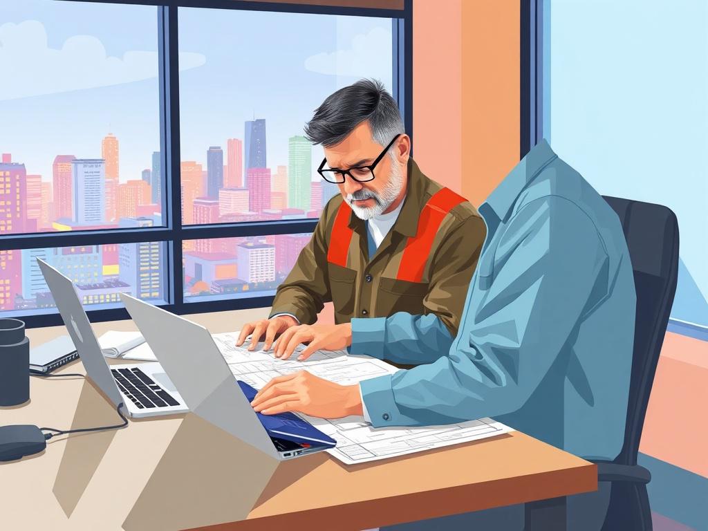 A contractor working intently at a desk in a modern workspace, complete with a laptop and blueprints spread out. The focus is on a middle-aged man with glasses, analyzing project plans. The background includes a vibrant city view through a window, symbolizing growth and opportunity.