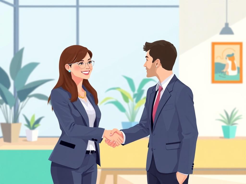 A confident hiring manager shaking hands with a well-dressed candidate in a bright, welcoming interview room. The background features a modern office with plants and artwork, symbolizing a positive work culture. The manager, a young woman with long brown hair, is smiling, showcasing a welcoming atmosphere.