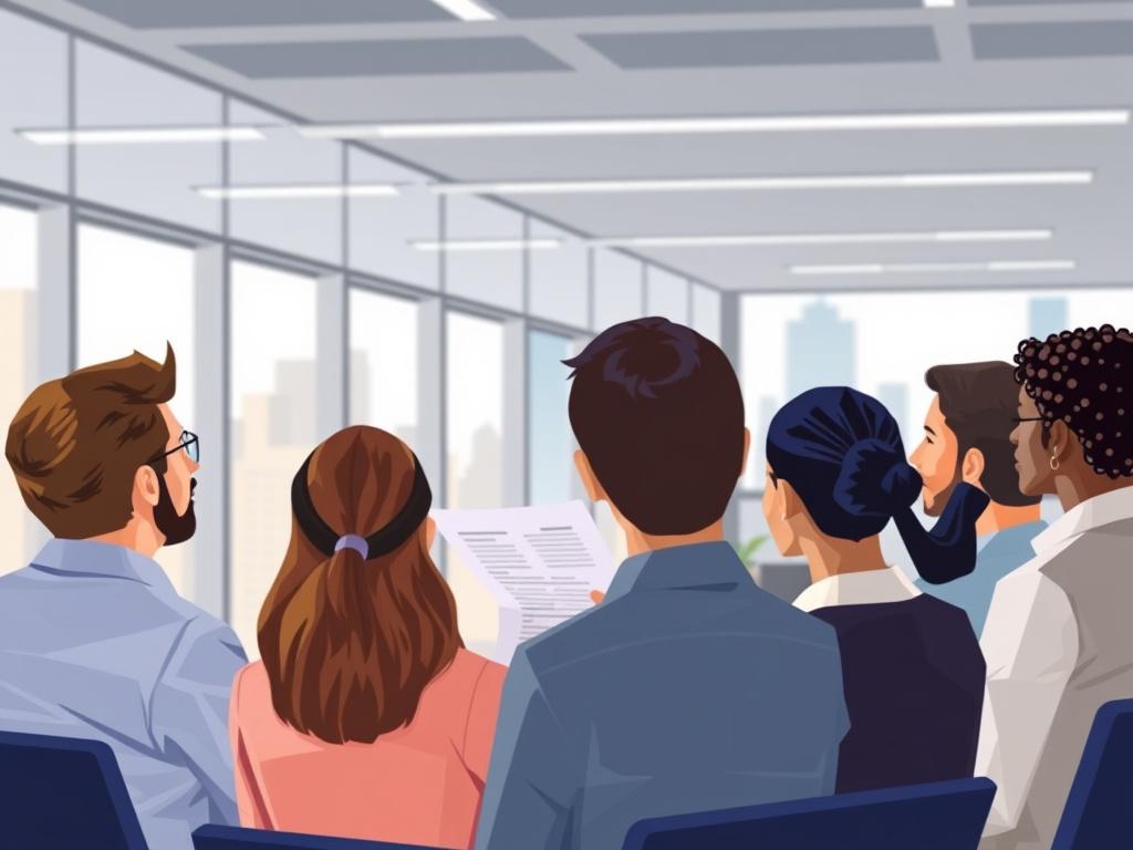 A professional recruiter engaged in a focused conversation with a diverse group of candidates, set in a modern office environment. The recruiter, a middle-aged woman with short dark hair, is reviewing resumes while the candidates, a mix of men and women of various ethnicities, are attentively listening. The background is a sleek office space with large windows showing a city skyline.
