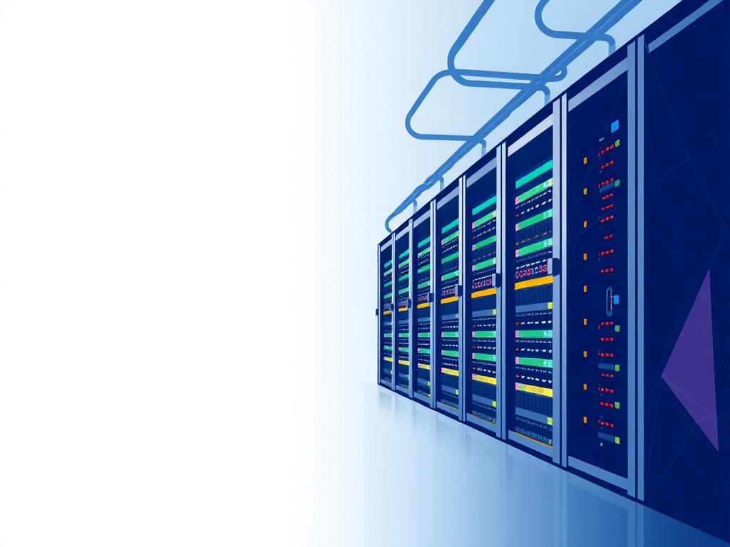 A professional and sleek illustration of a data center, showcasing rows of servers and networking equipment in a modern, high-tech environment. The composition should be simple and clean, focusing on the intricate details of the servers with vibrant geometric shapes. The background should be a subtle gradient in shades of blue and gray, emphasizing the primary color rgb(2, 86, 197). The overall feel should convey innovation and sophistication in technology.