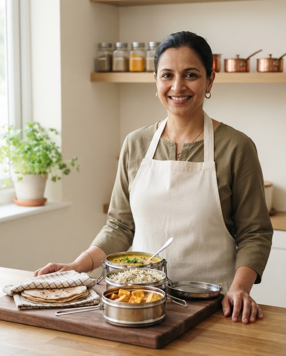 Anjali Rao in her kitchen with a packed steel tiffin.