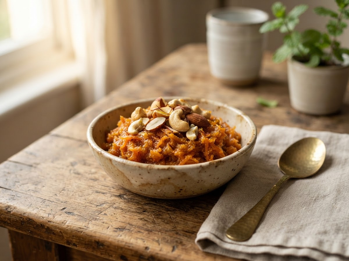 Gajar halwa topped with toasted cashews