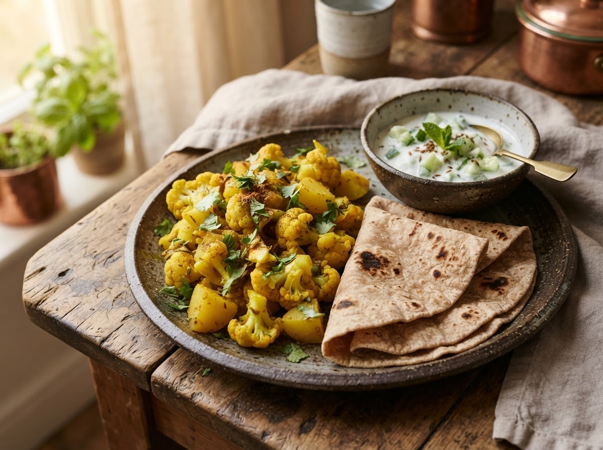 Aloo gobi cauliflower and potato curry served with rotis