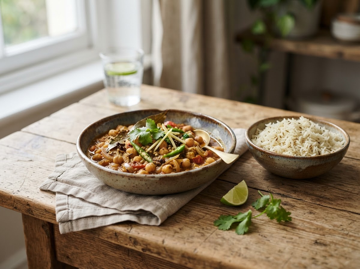 Chana masala with jeera rice on a worn wooden table
