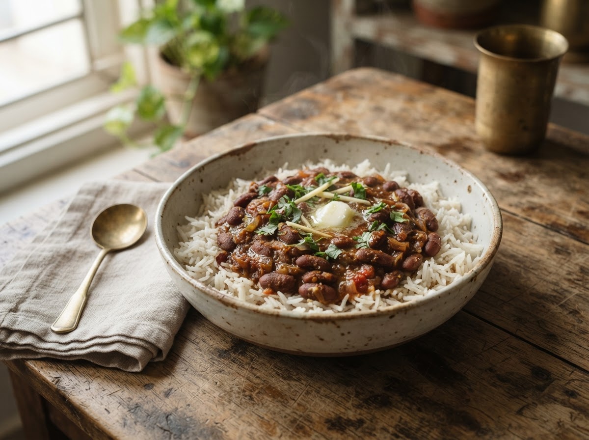 Rajma chawal, kidney bean curry over basmati rice