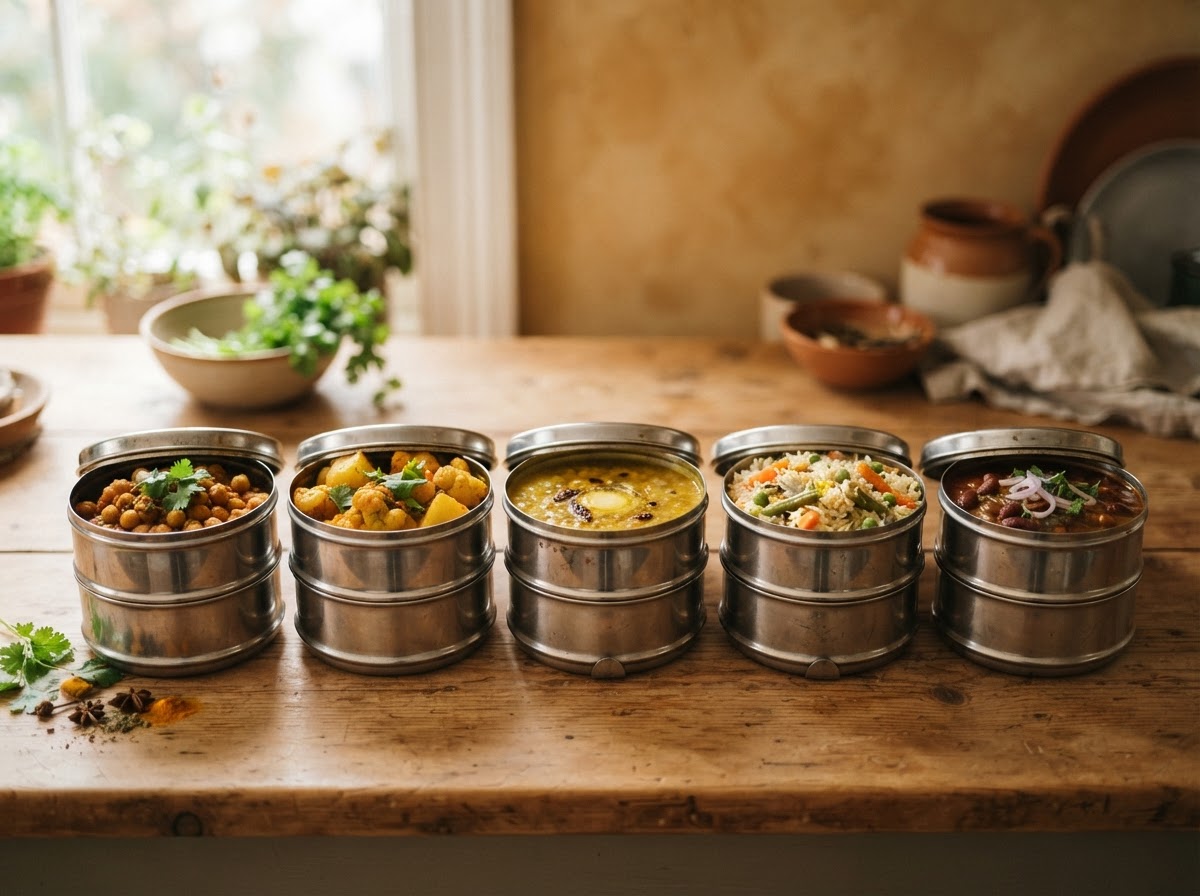 Five steel tiffins packed with a week of home-cooked lunches