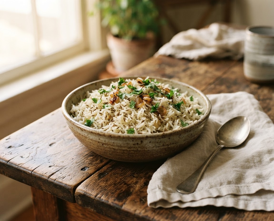 Fluffy jeera rice with herbs and toasted cumin