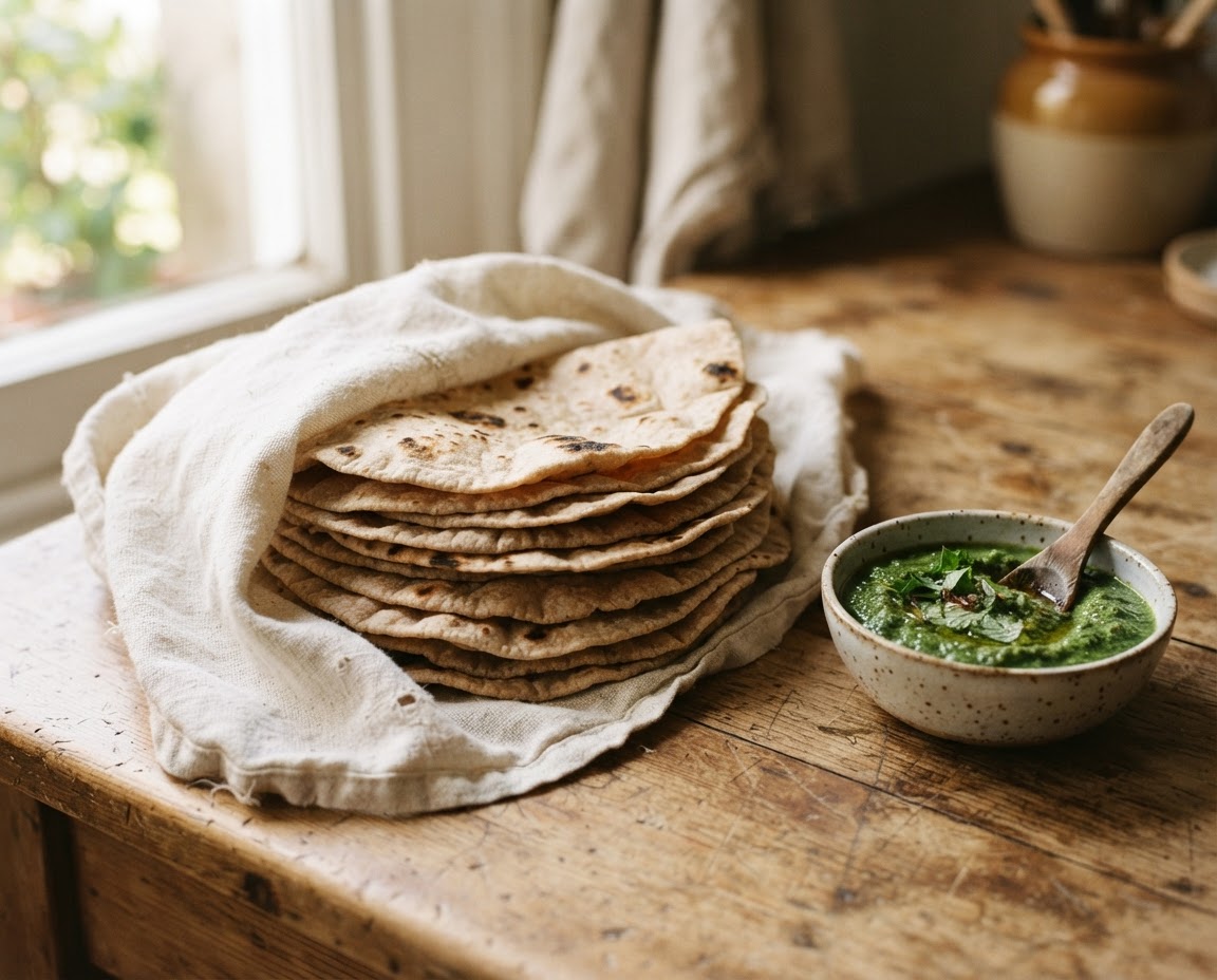 Fresh folded rotis with green chutney