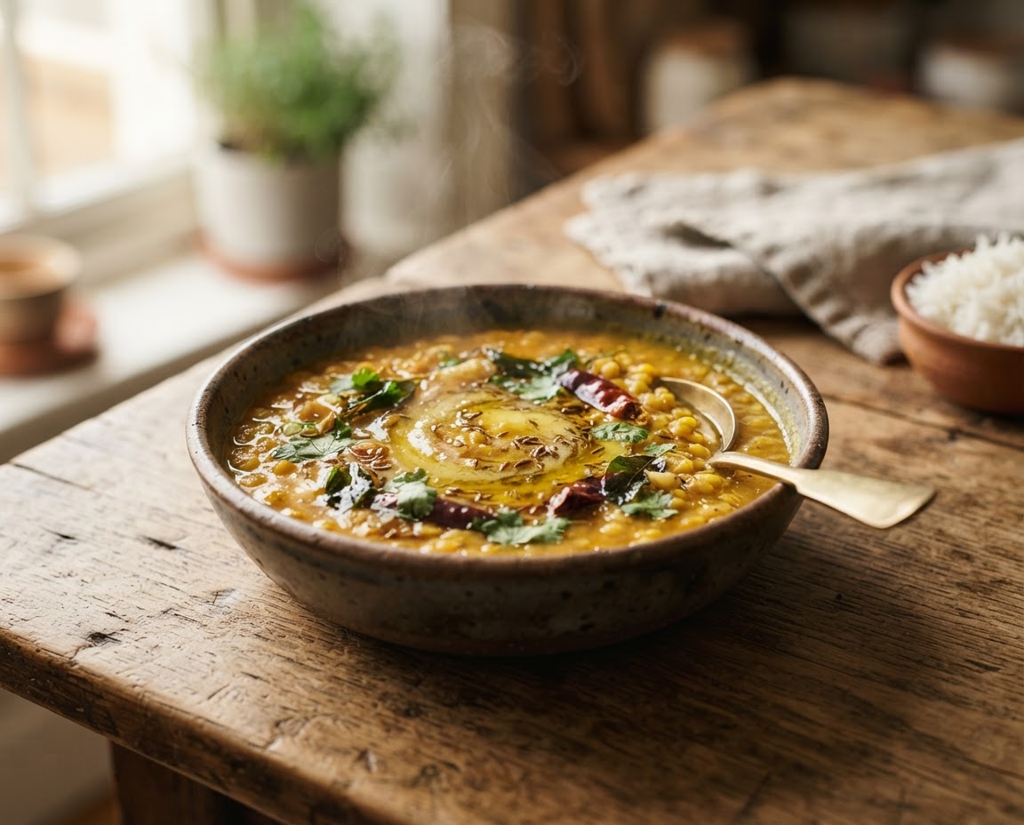 Golden dal tadka with cumin and curry leaves