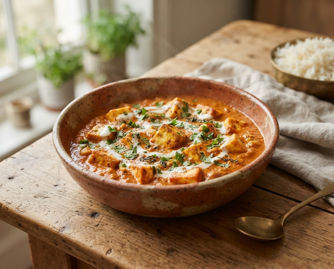 Paneer cubes in a rich tomato-cashew curry