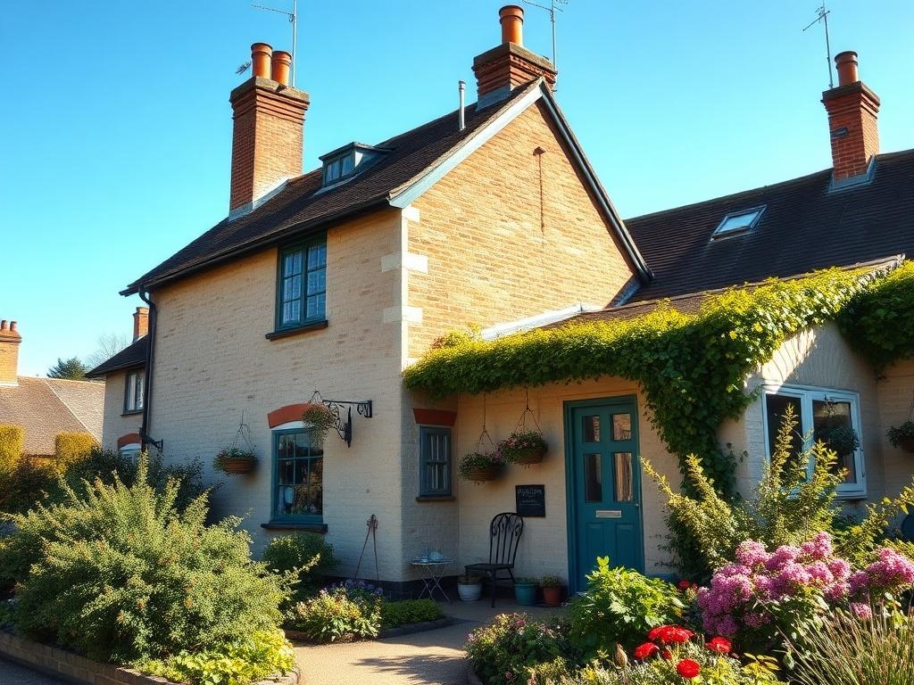 A realistic high-resolution photo of a picturesque cottage exterior in Kent, showcasing its charming architecture, a well-maintained garden, and a clear blue sky in the background. The image should focus on the cottage, presenting a warm and inviting atmosphere.