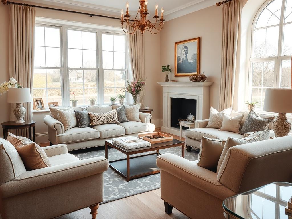 A realistic high-resolution photo of a beautifully decorated living room in a Kent accommodation, showcasing elegant furniture, natural light streaming through large windows, and tasteful decor. The composition should be simple and clear, focusing solely on the living room area, with a cozy atmosphere that invites relaxation.