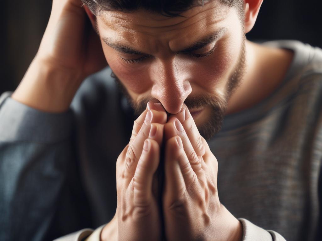 Create a realistic, high-resolution close-up photograph of a single person engaged in intense prophetic prayer, embodying spiritual authority and resolve. The subject is a determined adult, captured with the depth and warmth of a 45mm f/1.2 lens, bathed in soft yet dramatic lighting that highlights their focused expression and resolute posture. They are positioned centrally against a subtle, blurred urban backdrop symbolizing a sprawling cityscape—dimly lit but alive with distant ambient light to evoke a sp