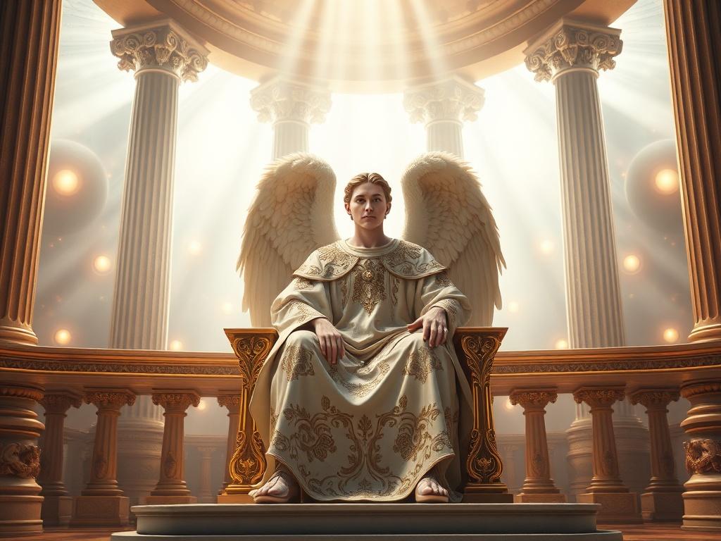 **AI Image Generation Prompt:**

Create a highly realistic, high-resolution photo that embodies the theme of "The History and Weight of the Spiritual Court in the Courts of Heaven." The image should feature a single, majestic figure representing a divine judge seated on an ethereal throne in a breathtaking celestial courtroom. 

**Composition Details:**
- **Subject**: The central figure should depict an angelic being with a serene and authoritative presence, dressed in resplendent robes adorned with intrica