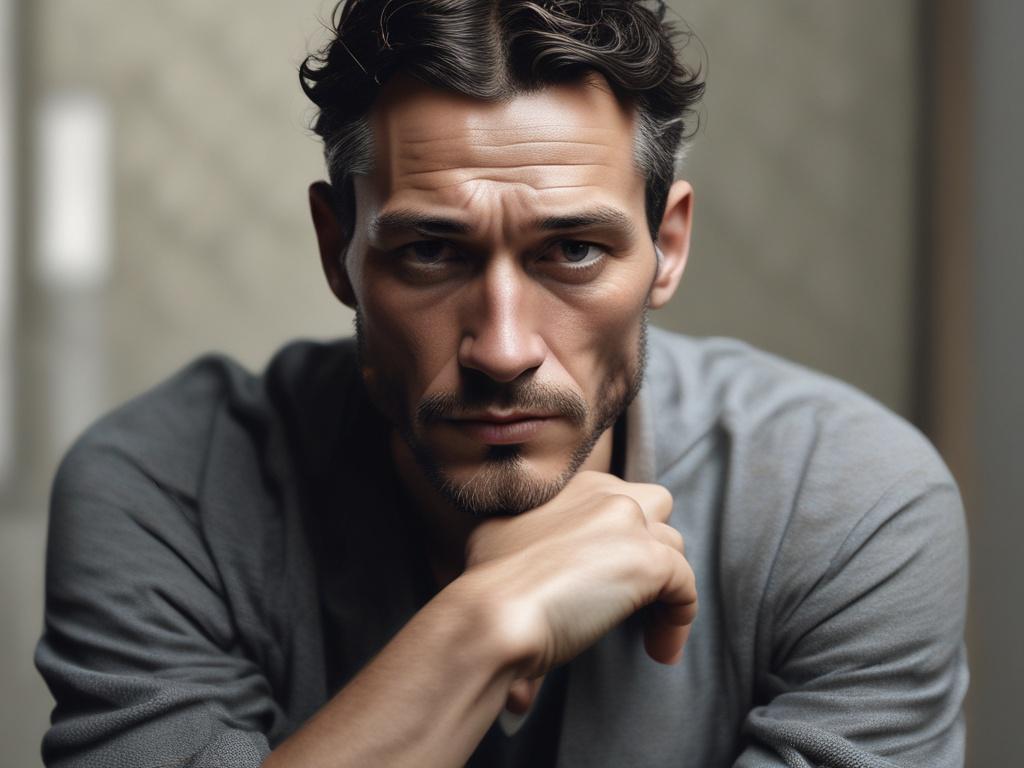 Create a realistic, high-resolution close-up portrait of a solitary male figure embodying deep contemplation and spiritual struggle, captured with a 45mm f/1.2 lens style. The subject is a middle-aged man, with expressive eyes that convey inner conflict and questioning, set against a softly blurred background infused with muted earth tones and subtle shadows to evoke an atmosphere of isolation and solemn reflection. The composition is minimalist and clear, focusing solely on the man’s face and upper shoulde
