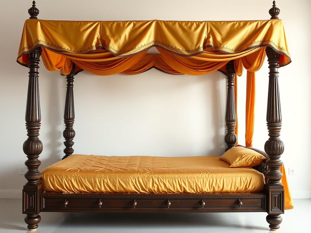 Bed - Canopy Gold Silk Indian Regal