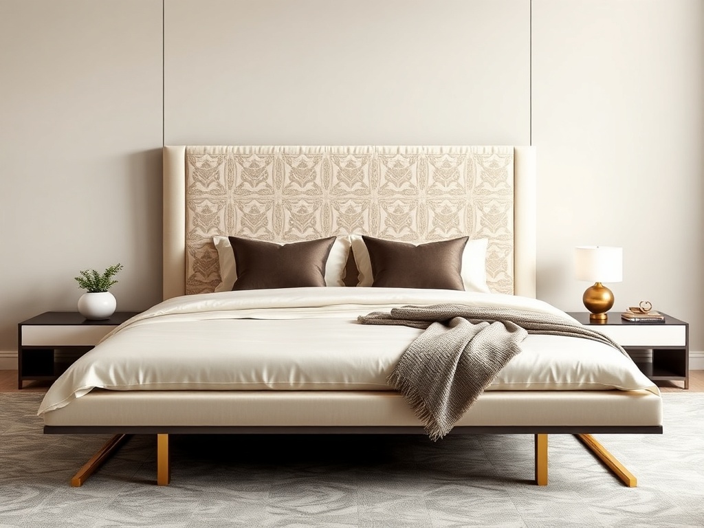Bed - Luxury Cream Silk Platform with Geometric Patterns