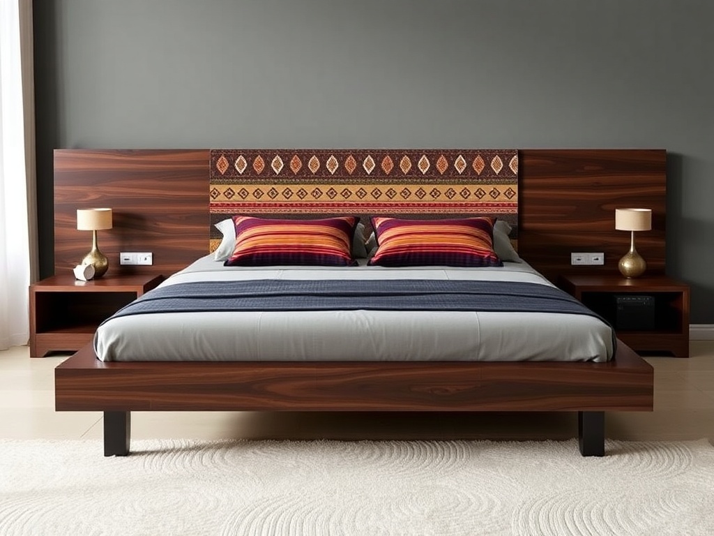 Bed - Sleek Walnut Platform with Built-in Nightstands