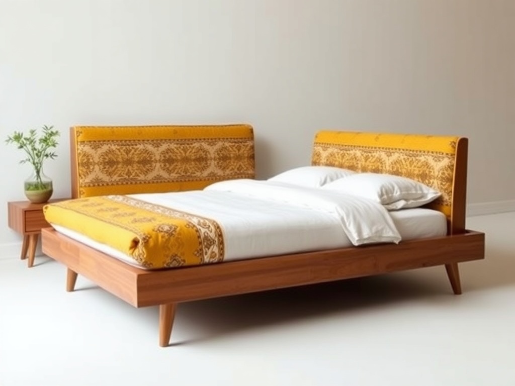 Bed - Mid-Century Modern Fusion Mustard Linen