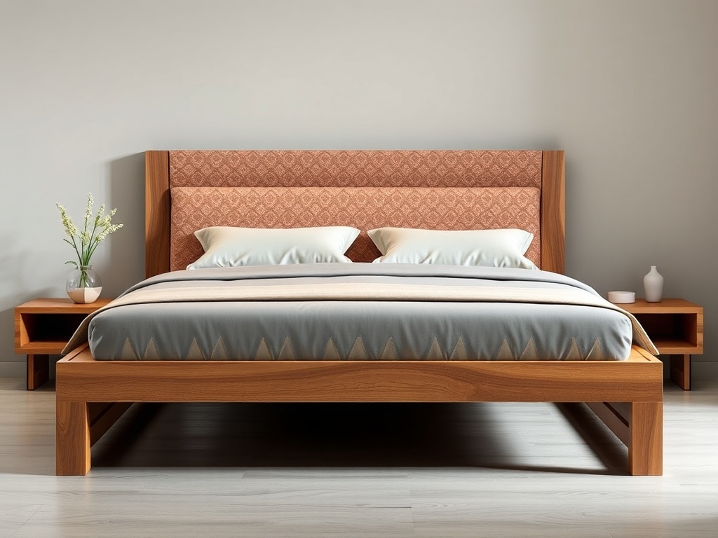 Bed - Contemporary Floating Light Walnut with Geometric Patterns