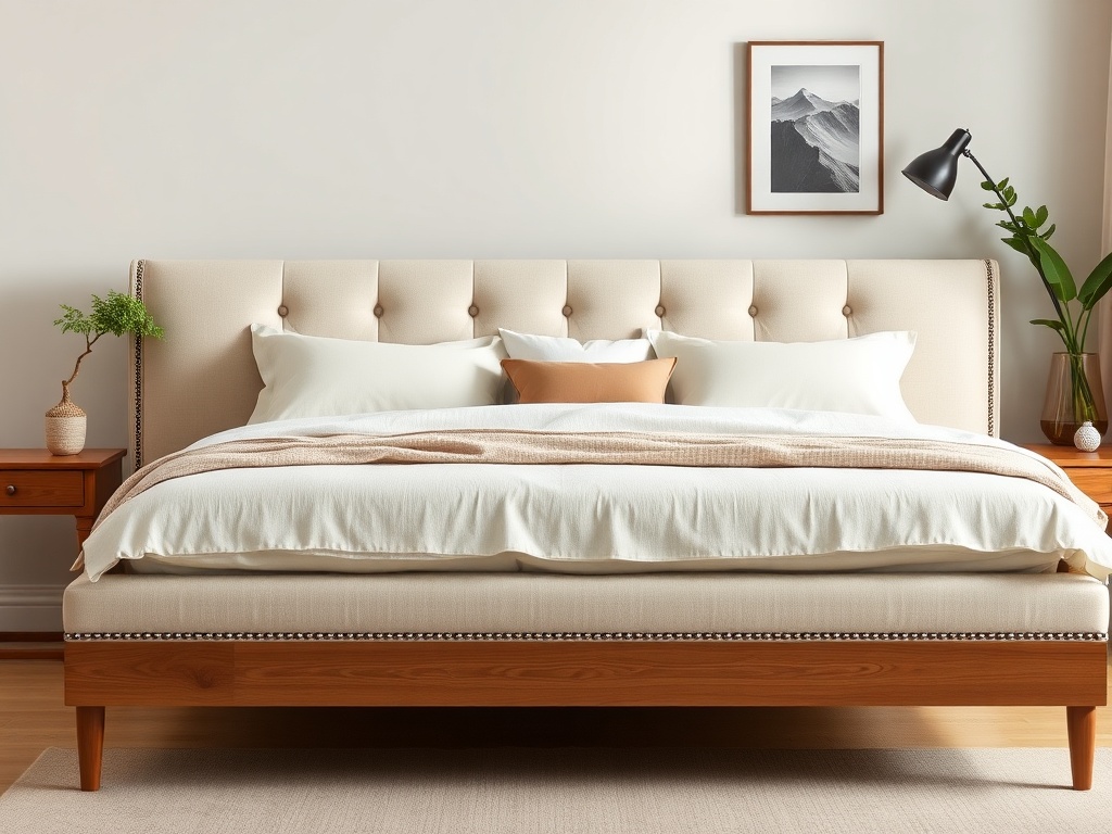 Bed - Contemporary Upholstered Linen Beige