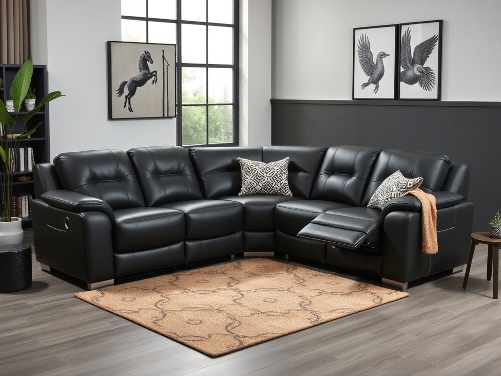 Recliner Sofa Set - Black Leather Corner
