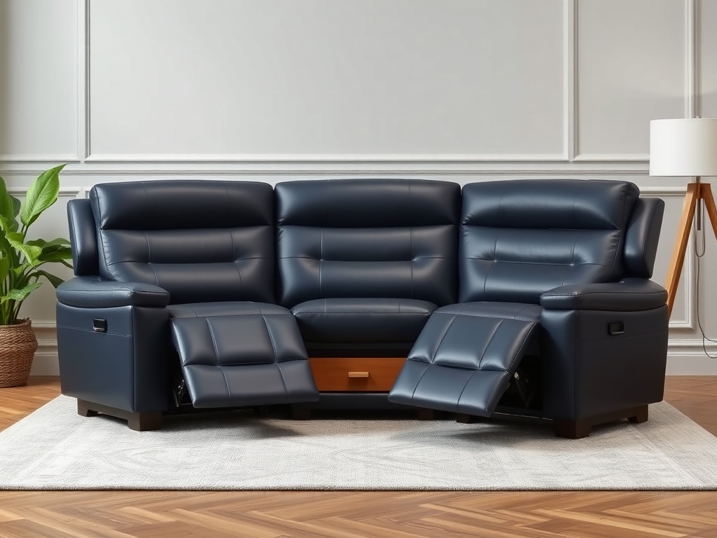 Recliner Sofa Set - Navy Leather with Console