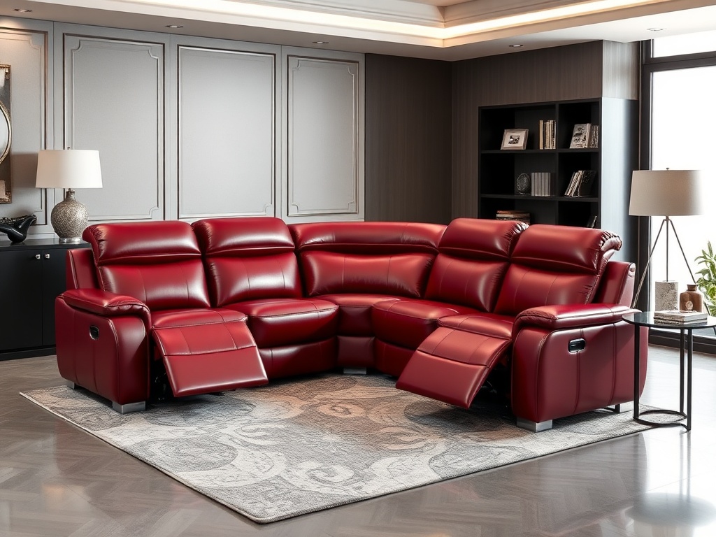 Recliner Sofa Set - Deep Red Leather Corner