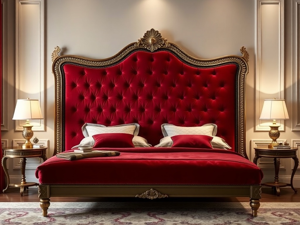 Bed - Luxury Upholstered Velvet Burgundy