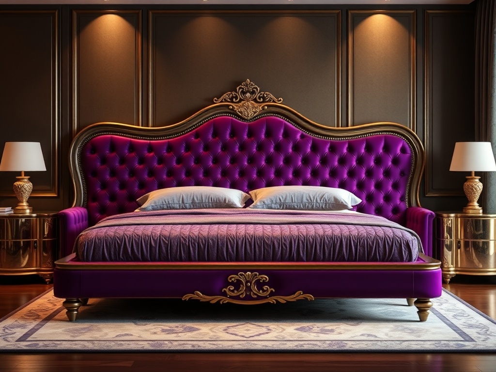 Bed - Luxury Upholstered Purple Velvet Diamond Quilt