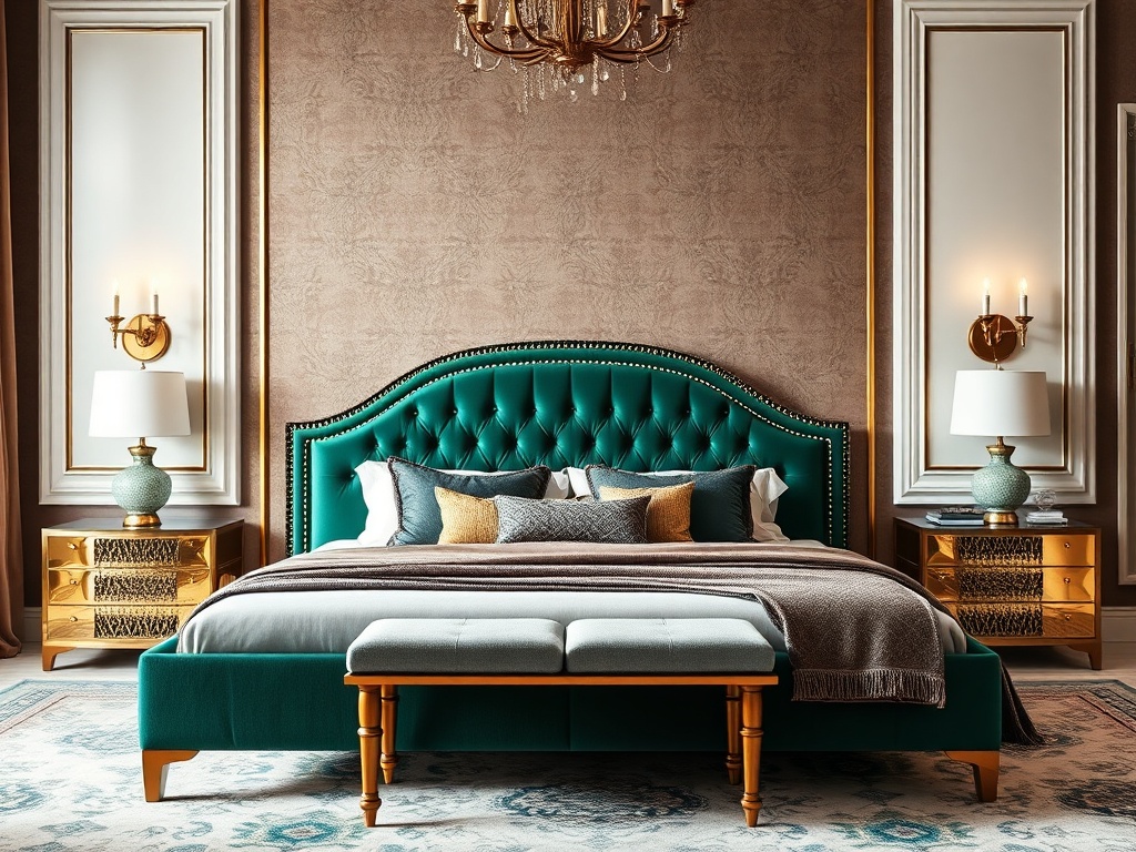 Bed - Luxury Upholstered Emerald Green Brass Trim