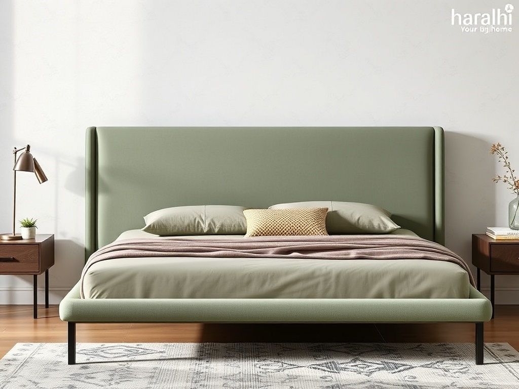 Bed - Contemporary Upholstered Sage Green Minimalist